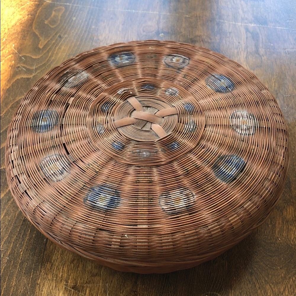 Round Woven Basket with Blue and Cream Accents vintage